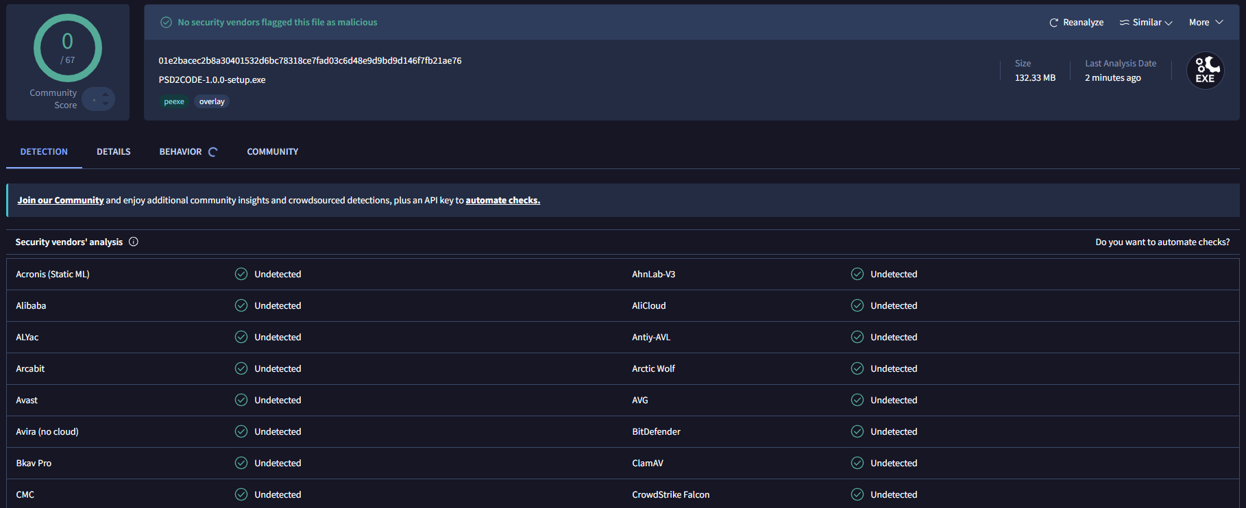 VirusTotal 安全扫描报告：PSD2CODE-1.0.0-setup.exe 0/67 无威胁